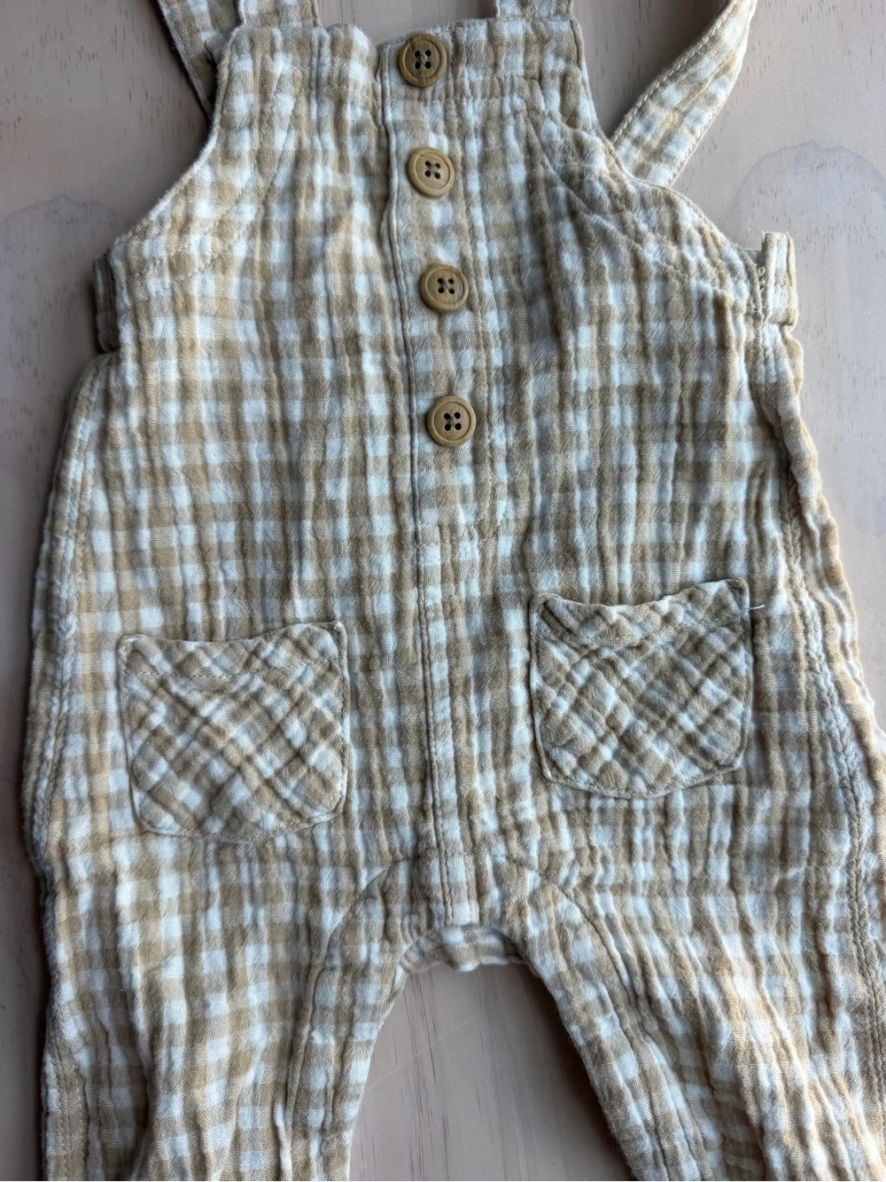 Children's Beige Plaid Cotton Overalls